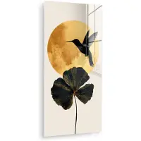 MuchoWow Glasschilderij 80x160 cm - Schilderij acrylglas - Zwarte kolibrie - Bloem - Gouden cirkel - Foto op glas - Muurdecoratie woonkamer - Wanddecoratie slaapkamer - Schilderijen