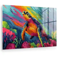 MuchoWow Glasschilderij 180x120 cm - Schilderij acrylglas - Koraal - Schildpad - Abstract - Water - Foto op glas - Muurdecoratie woonkamer - Wanddecoratie slaapkamer - Schilderijen