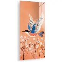 MuchoWow Glasschilderij 80x160 cm - Schilderij acrylglas - Vogel - Bloesemtakken - Warm - Kleurrijk - Foto op glas - Muurdecoratie woonkamer - Wanddecoratie slaapkamer - Schilderijen