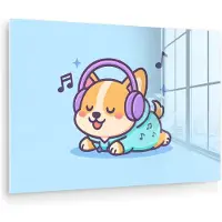 MuchoWow Glasschilderij 30x20 cm - Schilderij acrylglas - Corgi - Koptelefoon - Blauw - Muzieknoten - Foto op glas - Muurdecoratie woonkamer - Wanddecoratie slaapkamer - Schilderijen