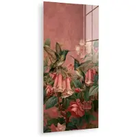 MuchoWow Glasschilderij 60x120 cm - Schilderij acrylglas - Kolibries - Bloemen - Groen - Roze - Foto op glas - Muurdecoratie woonkamer - Wanddecoratie slaapkamer - Schilderijen