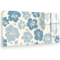 MuchoWow Glasschilderij 40x20 cm - Schilderij acrylglas - Hibiscusbloemen - Blauw - Patroon - Tropisch - Foto op glas - Muurdecoratie woonkamer - Wanddecoratie slaapkamer - Schilderijen