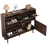 Merax Smalle Schoenenkast 120x28x92 cm - Halmeubel met 3 Kleppen en Multifunctioneel Vak met Katteningang - Bruin met Zwart