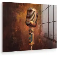 MuchoWow Glasschilderij 120x90 cm - Schilderij acrylglas - Microfoon - Bruin - Klassiek - Foto op glas - Muurdecoratie woonkamer - Wanddecoratie slaapkamer - Schilderijen