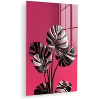 MuchoWow Glasschilderij 80x120 cm - Schilderij acrylglas - Bladeren - Rond - Roze - Foto op glas - Muurdecoratie woonkamer - Wanddecoratie slaapkamer - Schilderijen