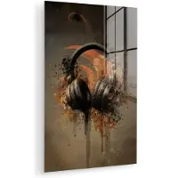 MuchoWow Glasschilderij 20x30 cm - Schilderij acrylglas - Koptelefoon - Bruin - Verf - Vintage - Foto op glas - Muurdecoratie woonkamer - Wanddecoratie slaapkamer - Schilderijen