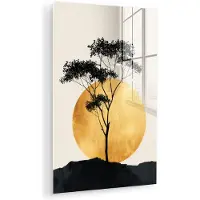 MuchoWow Glasschilderij 40x60 cm - Schilderij acrylglas - Zwarte boom - Gouden cirkel - Heuvel - Foto op glas - Muurdecoratie woonkamer - Wanddecoratie slaapkamer - Schilderijen