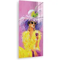 MuchoWow Glasschilderij 60x120 cm - Schilderij acrylglas - Zonnebril - Vrouw - Jas - Veren - Foto op glas - Muurdecoratie woonkamer - Wanddecoratie slaapkamer - Schilderijen