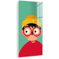 MuchoWow Glasschilderij 60x120 cm - Schilderij acrylglas - Jongen - Cartoon - Bril - Muts - Foto op glas - Muurdecoratie woonkamer - Wanddecoratie slaapkamer - Schilderijen