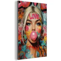 MuchoWow Aluminium schilderij 60x90 cm - Wanddecoratie metaal - Vrouw - Kauwgom - Graffiti - Love - Metalen muurdecoratie woonkamer - Decoratie industrieel - Foto op dibond - Industriële accessoires slaapkamer