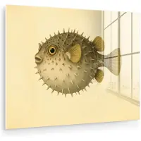 MuchoWow Glasschilderij 160x120 cm - Schilderij acrylglas - Stekels - Vis - Opgeblazen - Bruin - Foto op glas - Muurdecoratie woonkamer - Wanddecoratie slaapkamer - Schilderijen