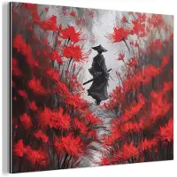 MuchoWow Aluminium schilderij 80x60 cm - Wanddecoratie metaal - Rode bloemen - mistig - Man - Metalen muurdecoratie woonkamer - Decoratie industrieel - Foto op dibond - Industriële accessoires slaapkamer