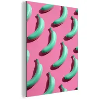 MuchoWow Aluminium schilderij 90x120 cm - Wanddecoratie metaal - Bananen - Patroon - Blauw - Roze - Metalen muurdecoratie woonkamer - Decoratie industrieel - Foto op dibond - Industriële accessoires slaapkamer