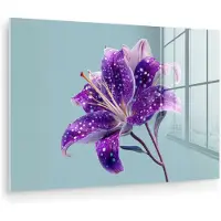 MuchoWow Glasschilderij 30x20 cm - Schilderij acrylglas - Lelie - Bloem - Paars - Stippen - Foto op glas - Muurdecoratie woonkamer - Wanddecoratie slaapkamer - Schilderijen