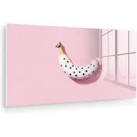 MuchoWow Glasschilderij 80x40 cm - Schilderij acrylglas - Banaan - Stippen - roze - Foto op glas - Muurdecoratie woonkamer - Wanddecoratie slaapkamer - Schilderijen