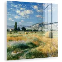 MuchoWow Glasschilderij 20x20 cm - Schilderij acrylglas - Landschap - Strobalen - Bergen - Wolken - Foto op glas - Muurdecoratie woonkamer - Wanddecoratie slaapkamer - Schilderijen