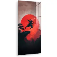 MuchoWow Glasschilderij 40x80 cm - Schilderij acrylglas - Zon - Krijger - Bomen - Bergen - Foto op glas - Muurdecoratie woonkamer - Wanddecoratie slaapkamer - Schilderijen