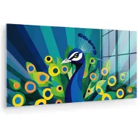 MuchoWow Glasschilderij 80x40 cm - Schilderij acrylglas - Pauw - Cirkels - Blauw - Foto op glas - Muurdecoratie woonkamer - Wanddecoratie slaapkamer - Schilderijen