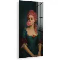 MuchoWow Glasschilderij 20x40 cm - Schilderij acrylglas - Vrouw - Portret - Kauwgombel - Foto op glas - Muurdecoratie woonkamer - Wanddecoratie slaapkamer - Schilderijen