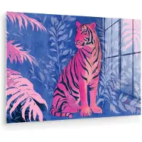 MuchoWow Glasschilderij 180x120 cm - Schilderij acrylglas - Tijger - Roze - Bladeren - Jungle - Foto op glas - Muurdecoratie woonkamer - Wanddecoratie slaapkamer - Schilderijen