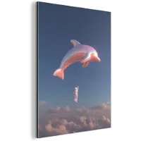 MuchoWow Aluminium schilderij 90x120 cm - Wanddecoratie metaal - Dolfijn - Roze - Astronaut - Metalen muurdecoratie woonkamer - Decoratie industrieel - Foto op dibond - Industriële accessoires slaapkamer