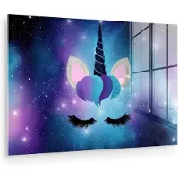 MuchoWow Glasschilderij 180x120 cm - Schilderij acrylglas - Eenhoorn - Sterren - Magisch - Blauw - Foto op glas - Muurdecoratie woonkamer - Wanddecoratie slaapkamer - Schilderijen