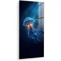 MuchoWow Glasschilderij 40x80 cm - Schilderij acrylglas - Kwal - Lichtgevend - Tentakels - Blauw - Foto op glas - Muurdecoratie woonkamer - Wanddecoratie slaapkamer - Schilderijen