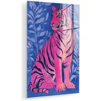 MuchoWow Glasschilderij 60x90 cm - Schilderij acrylglas - Tijger - Roze - Bladeren - Jungle - Foto op glas - Muurdecoratie woonkamer - Wanddecoratie slaapkamer - Schilderijen