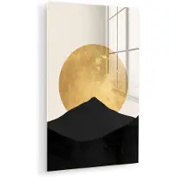 MuchoWow Glasschilderij 40x60 cm - Schilderij acrylglas - Bergsilhouetten - Gouden cirkel - Beige - Foto op glas - Muurdecoratie woonkamer - Wanddecoratie slaapkamer - Schilderijen