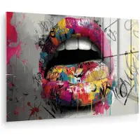 MuchoWow Glasschilderij 90x60 cm - Schilderij acrylglas - Lippen - Graffiti - Expressief - Foto op glas - Muurdecoratie woonkamer - Wanddecoratie slaapkamer - Schilderijen