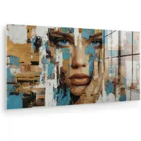 MuchoWow Glasschilderij 160x80 cm - Schilderij acrylglas - Abstract - Penseelstreken - Blauw - Gezicht - Foto op glas - Muurdecoratie woonkamer - Wanddecoratie slaapkamer - Schilderijen
