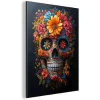 MuchoWow Aluminium schilderij 120x160 cm - Wanddecoratie metaal - Bloemen - Kleurrijk - Schedel - Metalen muurdecoratie woonkamer - Decoratie industrieel - Foto op dibond - Industriële accessoires slaapkamer
