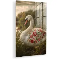 MuchoWow Glasschilderij 120x180 cm - Schilderij acrylglas - Zwaan - Bloemen - Natuur - Foto op glas - Muurdecoratie woonkamer - Wanddecoratie slaapkamer - Schilderijen