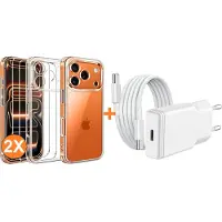 Ntech USB C Adapter - USB C Oplader 20W Met USB C Kabel 1M - Hoesje Geschikt voor iPhone 17 Pro hoesje transparant Anti Shock silicone met 2x screenprotector- COMBI-SET