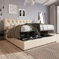 Merax Gestoffeerd bed 140x200 cm - verstelbaar hoofdeinde tweepersoonsbed - metalen frame spijlenbed - met opbergruimte - natuurtint - zonder matras