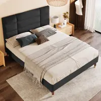 Merax Gestoffeerd bed - tweepersoonsbed met lattenbodem - 140x200 cm - met rugleuning - zwart - zonder matras