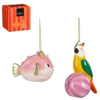 Mica Decorations kerstornament cadeau set - papegaai - vis (2 stuks)