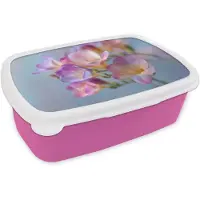 MuchoWow Broodtrommel Roze - Lunchbox Bloemen - Paars - Overloop - Meeldraden - Brooddoos 18x12x6 cm - Brood lunch box - Broodtrommels voor kinderen en volwassenen