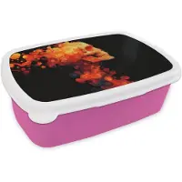 MuchoWow Broodtrommel Roze - Lunchbox Schedel - Oranje - Zijaanzicht - Vlammen - Brooddoos 18x12x6 cm - Brood lunch box - Broodtrommels voor kinderen en volwassenen