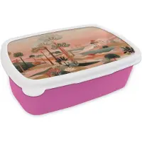 MuchoWow Broodtrommel Roze - Lunchbox Roze landschap - Palmen - Water - Brooddoos 18x12x6 cm - Brood lunch box - Broodtrommels voor kinderen en volwassenen