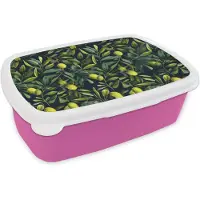 MuchoWow Broodtrommel Roze - Lunchbox Citroenen - Bladeren - Natuurlijk - Brooddoos 18x12x6 cm - Brood lunch box - Broodtrommels voor kinderen en volwassenen
