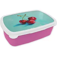 MuchoWow Broodtrommel Roze - Lunchbox Kersen - Rood - Drie - Geverfd - Brooddoos 18x12x6 cm - Brood lunch box - Broodtrommels voor kinderen en volwassenen