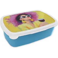 MuchoWow Broodtrommel Blauw - Lunchbox Vrouw - Hoed - Paars - Wijn - Brooddoos 18x12x6 cm - Brood lunch box - Broodtrommels voor kinderen en volwassenen