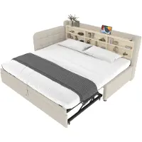 Merax Daybed 90×200 cm – Uitklapbaar Slaapbank en Logeerbed 180×200 cm – Multifunctioneel Sofa Bed – USB en Type-C Oplaadpunt – Hoofdbord met Opbergruimte – Beige – Zonder Matras
