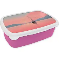 MuchoWow Broodtrommel Roze - Lunchbox Zeilboot - Roze zee - Zonsondergang - Bergen - Brooddoos 18x12x6 cm - Brood lunch box - Broodtrommels voor kinderen en volwassenen
