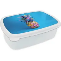 MuchoWow Broodtrommel Wit - Lunchbox Ananas - Blauw - Tropisch - Vrolijk - Brooddoos 18x12x6 cm - Brood lunch box - Broodtrommels voor kinderen en volwassenen
