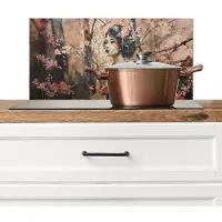 KitchenYeah Spatscherm keuken 70x30 cm - Kookplaat achterwand Kimono - Vrouw - kersenbomen - Muurbeschermer - Spatwand fornuis - Hoogwaardig aluminium