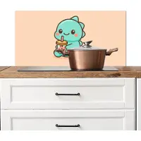 KitchenYeah Spatscherm keuken 80x40 cm - Kookplaat achterwand Dino - Boba - kawaii - Oranje - Muurbeschermer - Spatwand fornuis - Hoogwaardig aluminium