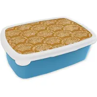 MuchoWow Broodtrommel Blauw - Lunchbox Waaierachtige motieven - Geel - Vintage - Brooddoos 18x12x6 cm - Brood lunch box - Broodtrommels voor kinderen en volwassenen