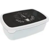 MuchoWow Broodtrommel Wit - Lunchbox Champagnefles - Lauriertakken - Zwarte achtergrond - Brooddoos 18x12x6 cm - Brood lunch box - Broodtrommels voor kinderen en volwassenen